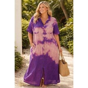 Vintage 100% Linen Tie Dye Maxi Dress Womens Plus Button Front Boho Purple 2X